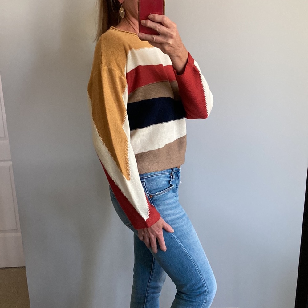 Cropped, Asymmetrical Stripe Long Sleeve Sweater - Picture 4 of 8